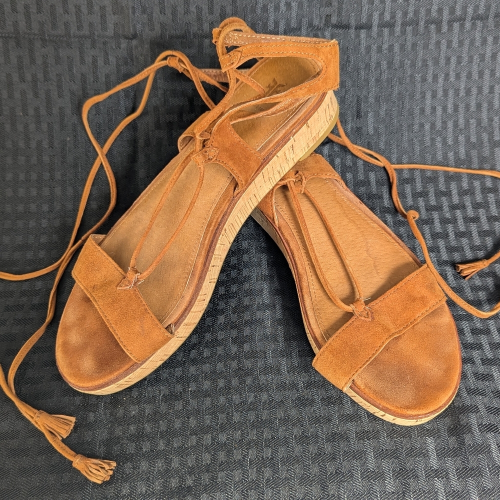Suede Lace-Up Espadrille Sandals Tan Womens 8.5